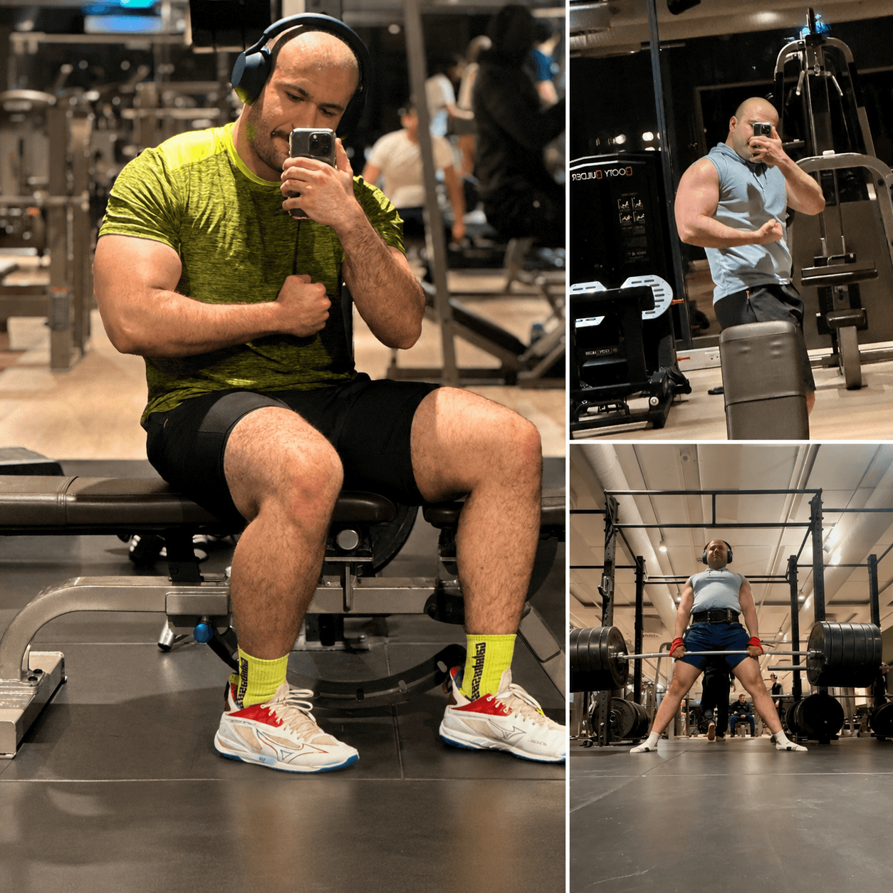 Muscular man flexing his biceps in gym selfies and performing a heavy barbell sumo deadlift.