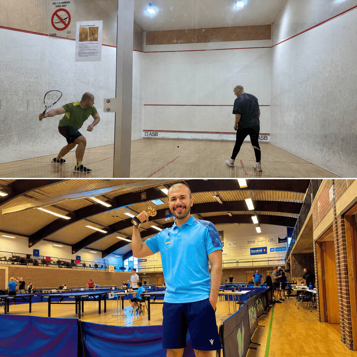 Two men playing squash above a man holding a trophy in a table tennis hall.