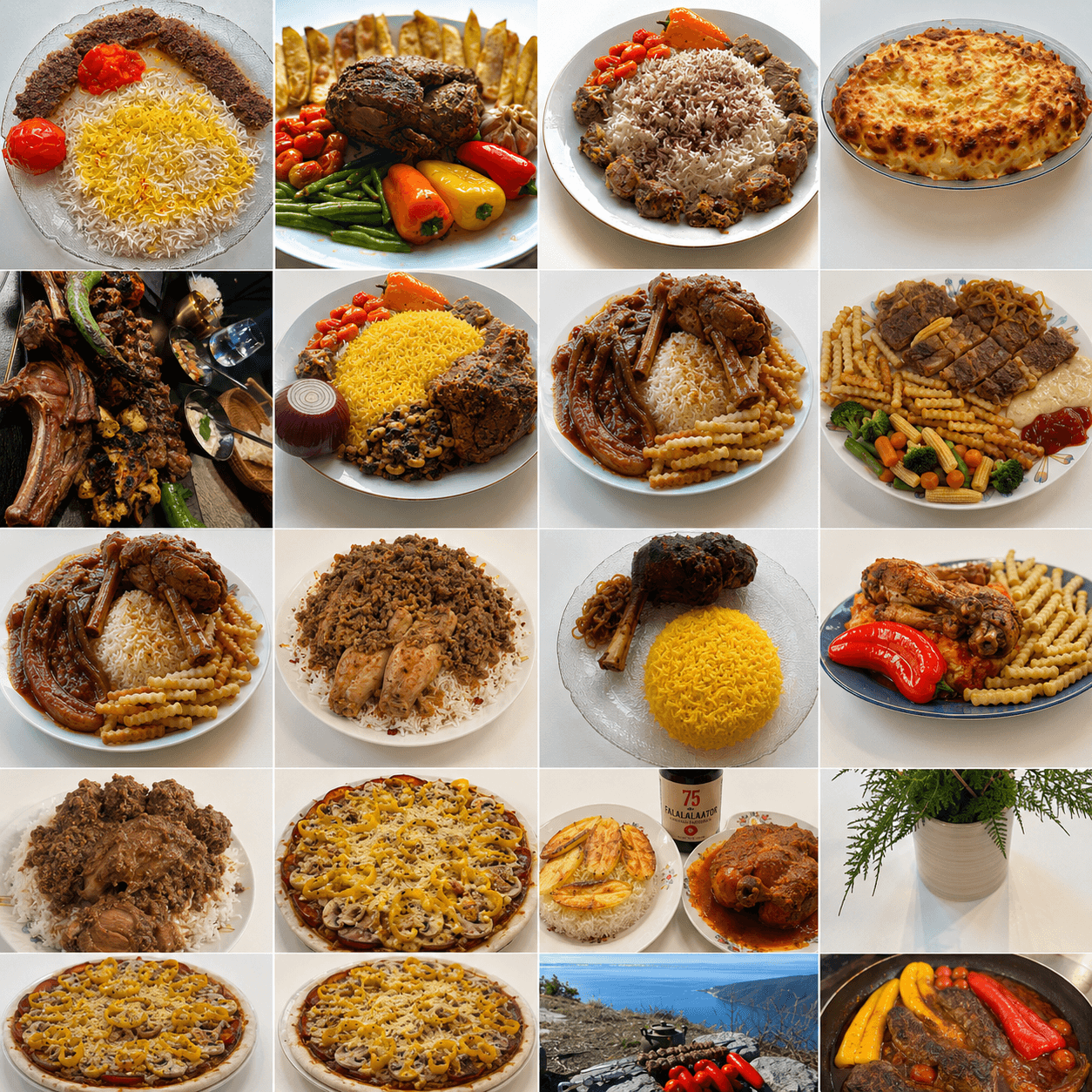 Twenty photos showcasing Middle Eastern cuisine, pizzas, a potted plant, and a coastal landscape.
