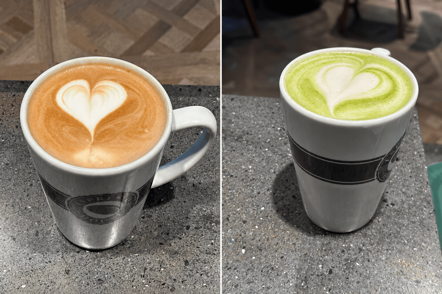 Side-by-side mugs of coffee and matcha lattes, both featuring white heart-shaped foam latte art.