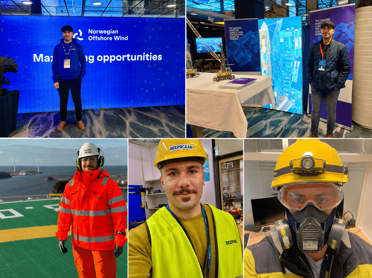 Collage of a man at maritime conferences and working on-site in industrial safety gear.