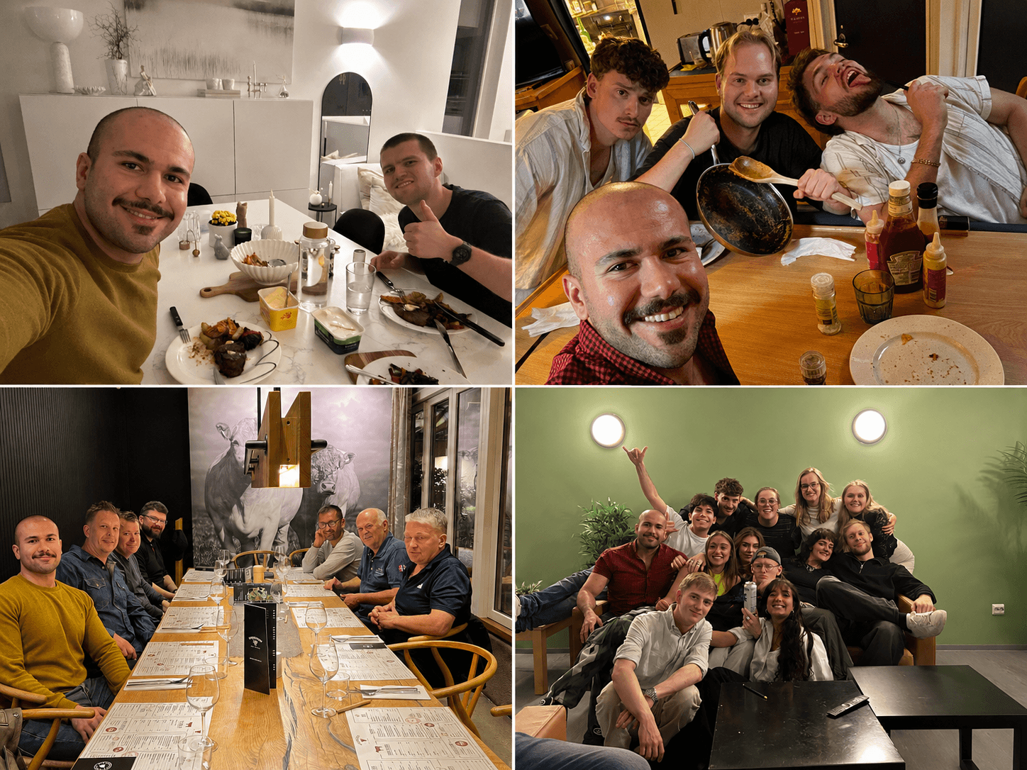 Four photos showing groups of people dining at home, in a restaurant, and socializing together.