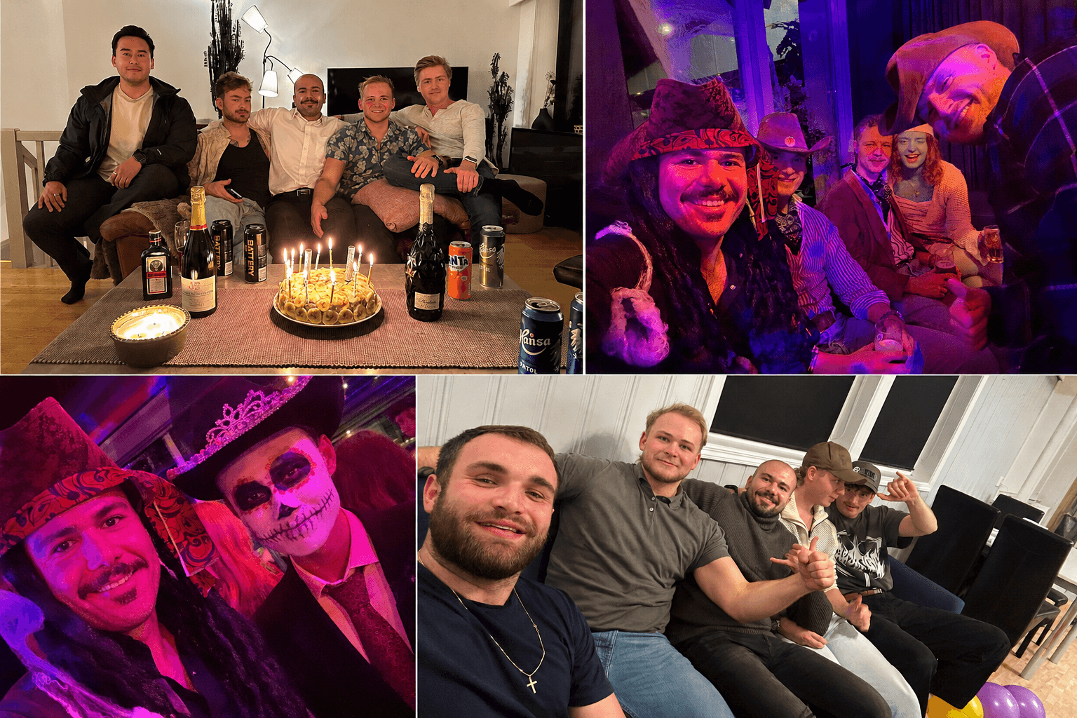 Collage of young men celebrating a birthday and wearing costumes at various social gatherings.