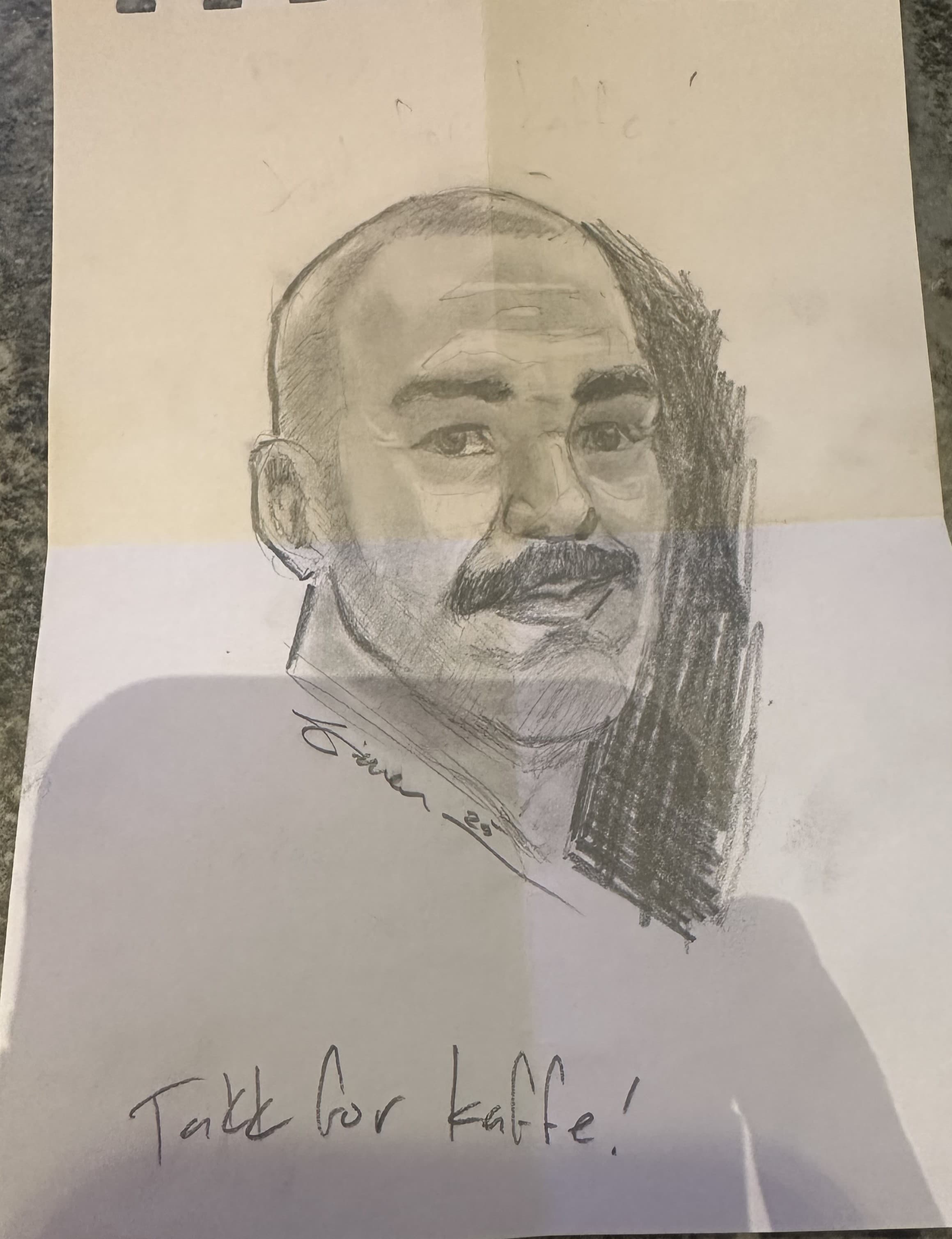 Pencil sketch of a bald man with a mustache and handwritten text "Takk for kaffe!".