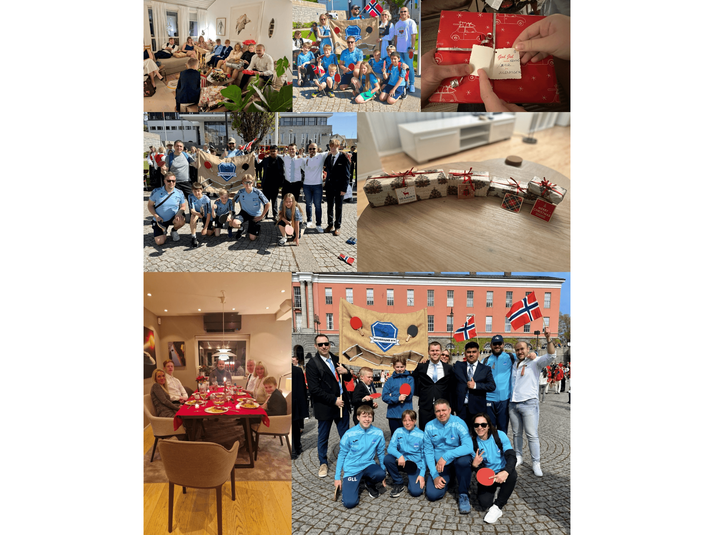 Collage featuring family holiday celebrations, wrapped gifts, and a table tennis team holding Norwegian flags.