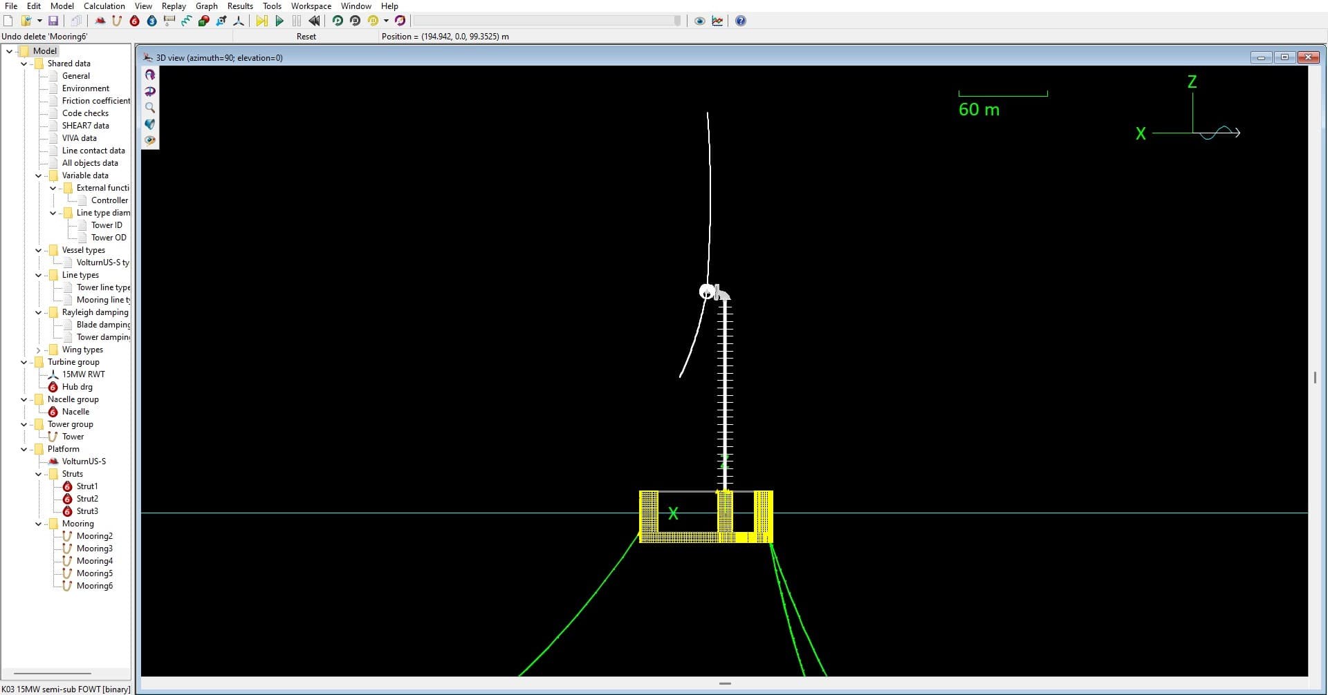 Software interface showing a 3D model of a floating offshore wind turbine and mooring system.